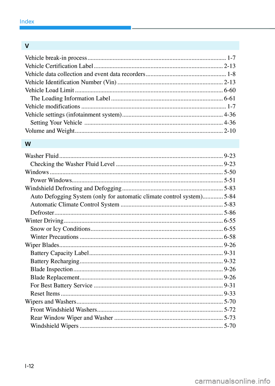 HYUNDAI KONA 2023  Owners Manual Index
I-12
V
Vehicle break-in process
 ........................................................................\
................1-7
Vehicle Certification Label
 ......................................