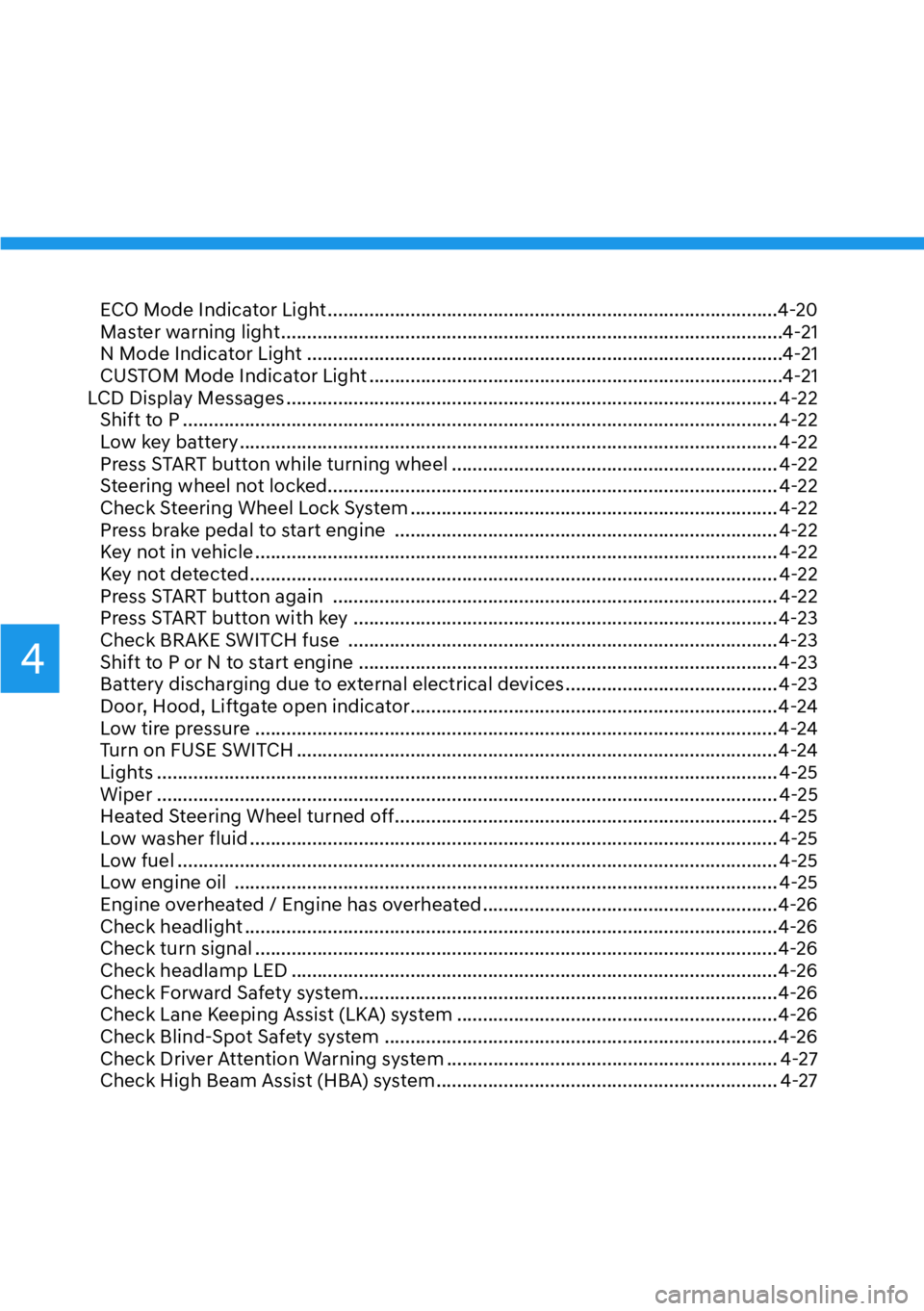 HYUNDAI KONA 2023  Owners Manual 4
ECO Mode Indicator Light ........................................................................\
...............4-20
Master warning light ..........................................................