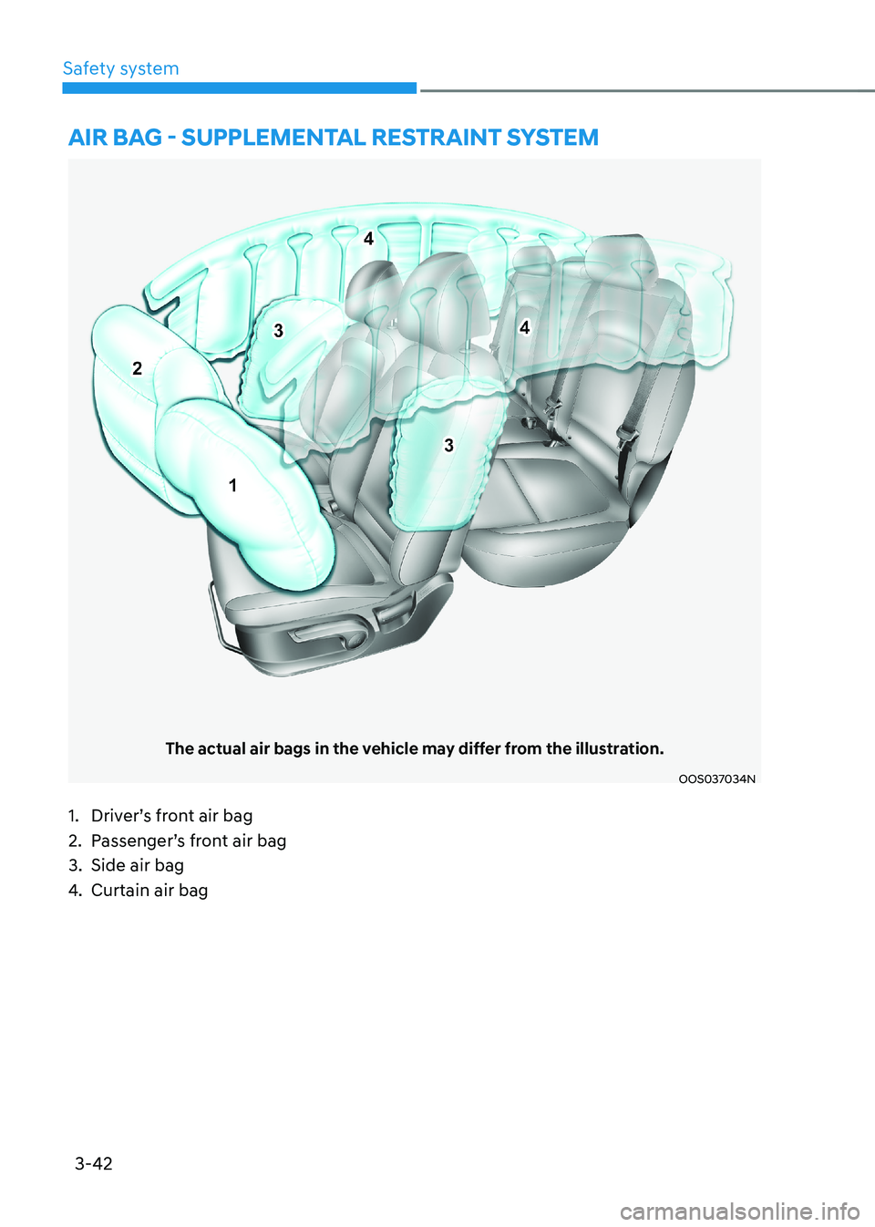 HYUNDAI KONA EV 2023 Owners Manual 3-42
Safety system
The actual air bags in the vehicle may differ from the illustration.
OOS037034N
aiR BaG - sUPPlemental RestRaint system
1. Driver’s front air bag
2. Passenger’s front air bag HYUNDAI KONA EV 2023 Owners Manual 3-42
Safety system
The actual air bags in the vehicle may differ from the illustration.
OOS037034N
aiR BaG - sUPPlemental RestRaint system
1. Driver’s front air bag
2. Passenger’s front air bag