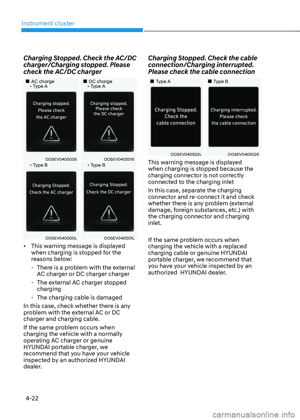 HYUNDAI KONA EV 2023 Owners Manual Instrument cluster
4-22
Charging Stopped. Check the AC/DC
charger/Charging stopped. Please
check the AC/DC charger
AC charge • Type A
DC charge • Type A
OOSEV04050 HYUNDAI KONA EV 2023 Owners Manual Instrument cluster
4-22
Charging Stopped. Check the AC/DC
charger/Charging stopped. Please
check the AC/DC charger
AC charge • Type A
DC charge • Type A
OOSEV04050