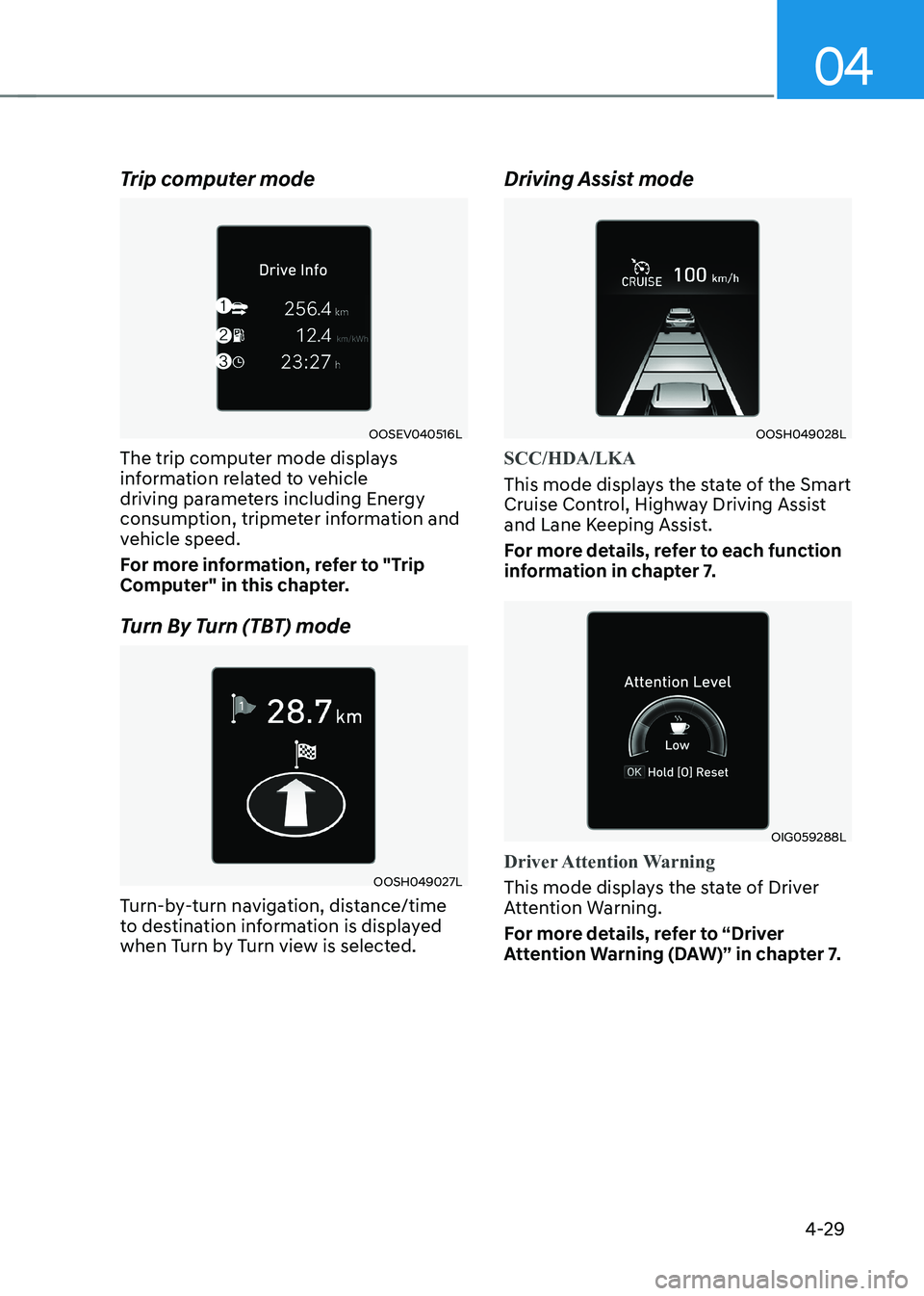 HYUNDAI KONA EV 2023  Owners Manual 04
4-29
Trip computer mode
OOSEV040516L
The trip computer mode displays  
information related to vehicle 
driving parameters including Energy 
consumption, tripmeter information and 
vehicle speed. 
F