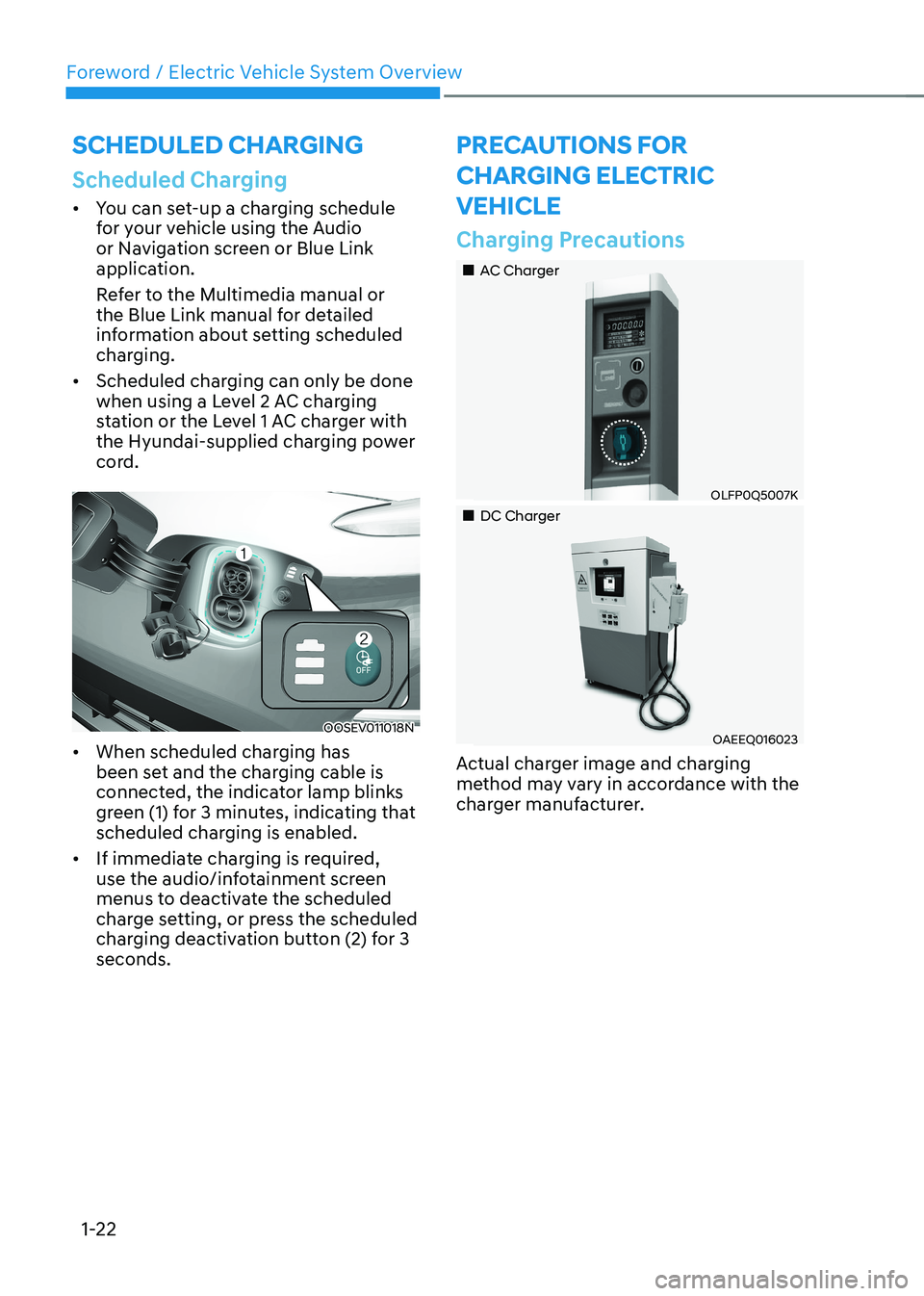 HYUNDAI KONA EV 2023  Owners Manual Foreword / Electric Vehicle System Overview
1-22
sCHeduled CHarging
Scheduled Charging
•	You can set-up a charging schedule  
for your vehicle using the Audio 
or Navigation screen or Blue Link 
app