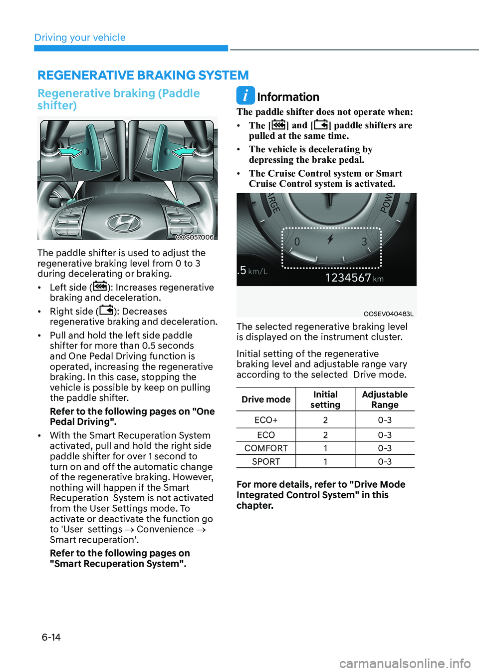 HYUNDAI KONA EV 2023 Owners Manual Driving your vehicle
6-14
REGENERATIVE BRAkING SySTEm
Regenerative braking (Paddle
shifter)
OOS057006
The paddle shifter is used to adjust the
regenerative braking level from 0 to 3
during decele HYUNDAI KONA EV 2023 Owners Manual Driving your vehicle
6-14
REGENERATIVE BRAkING SySTEm
Regenerative braking (Paddle
shifter)
OOS057006
The paddle shifter is used to adjust the
regenerative braking level from 0 to 3
during decele