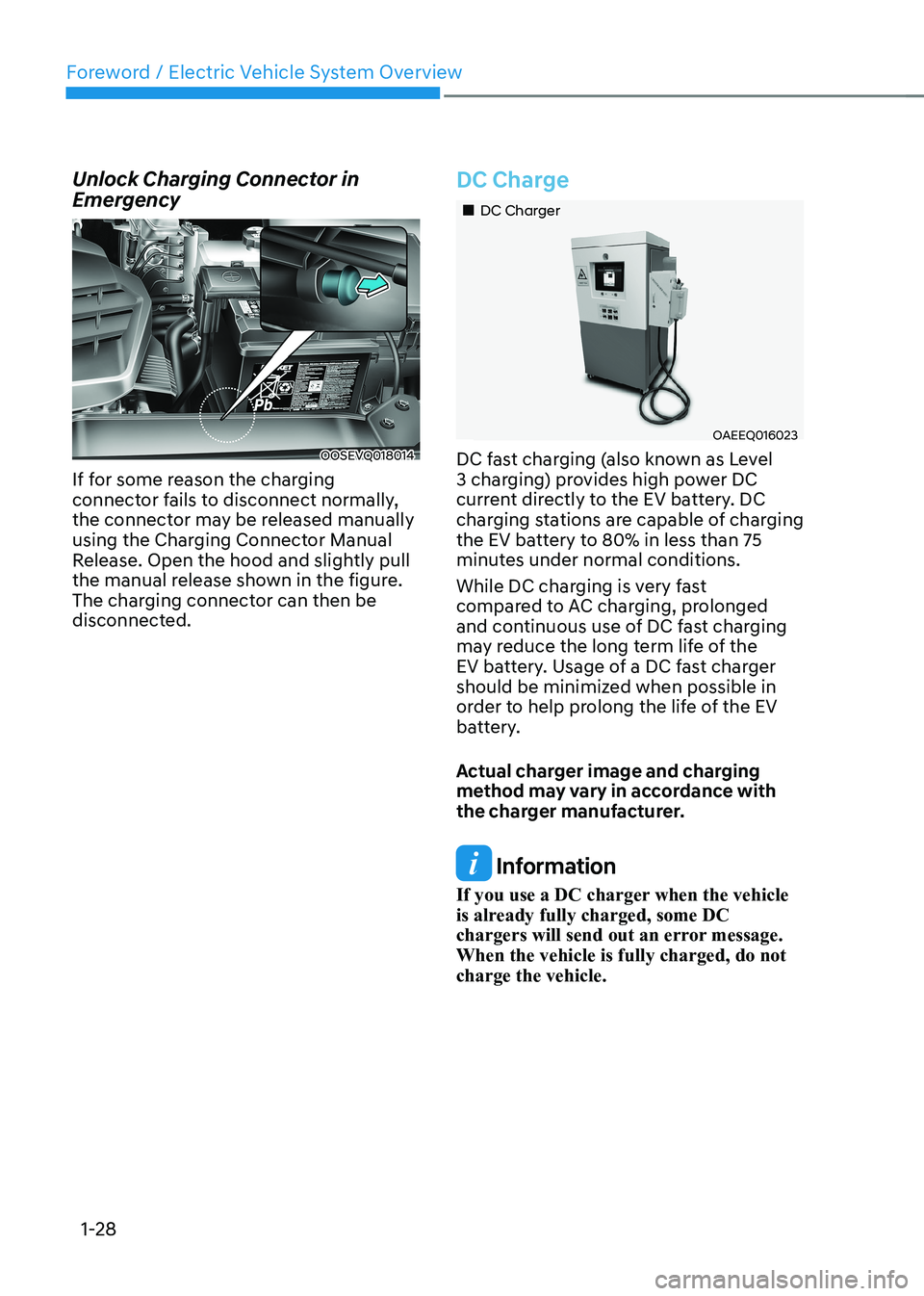 HYUNDAI KONA EV 2023 Owners Guide Foreword / Electric Vehicle System Overview
1-28
Unlock Charging Connector in
Emergency
OOSEVQ018014
If for some reason the charging
connector fails to disconnect normally,
the connector may be r HYUNDAI KONA EV 2023 Owners Guide Foreword / Electric Vehicle System Overview
1-28
Unlock Charging Connector in
Emergency
OOSEVQ018014
If for some reason the charging
connector fails to disconnect normally,
the connector may be r