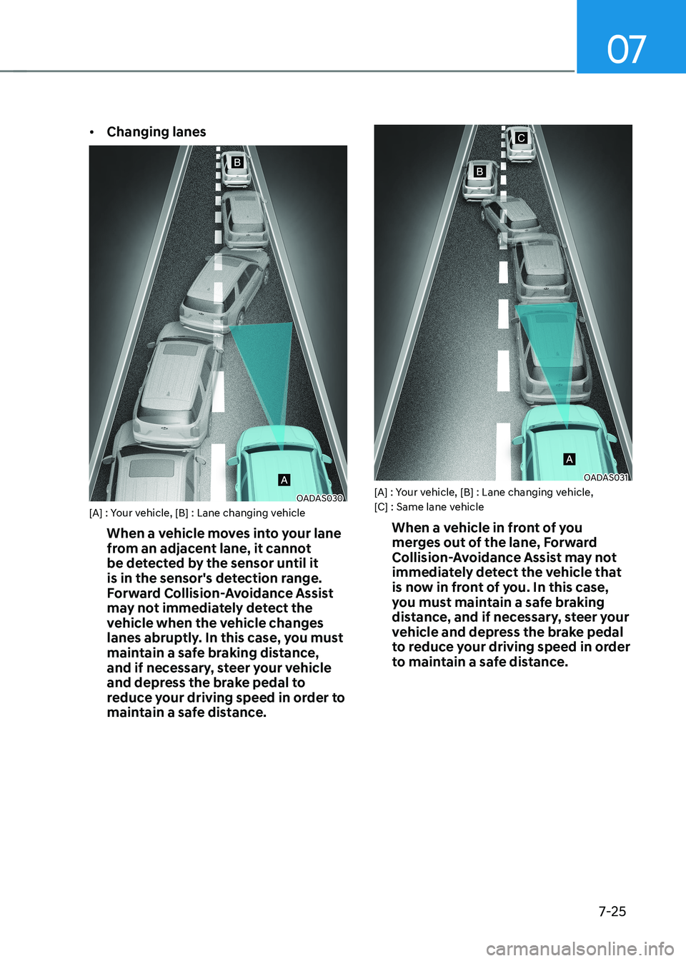 HYUNDAI KONA EV 2023  Owners Manual 07
7-25
•	
Changing lanes
OADAS030
[A] : Your vehicle, [B] : Lane changing vehicle
When a vehicle moves into your lane  
from an adjacent lane, it cannot 
be detected by the sensor until it 
is in t