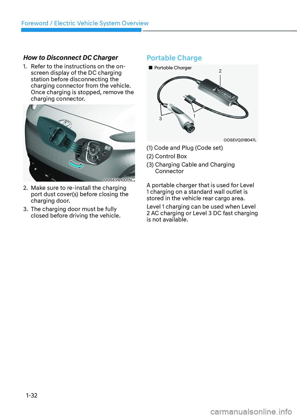 HYUNDAI KONA EV 2023 Owners Guide Foreword / Electric Vehicle System Overview
1-32
How to Disconnect DC Charger
1. Refer to the instructions on the on-
screen display of the DC charging
station before disconnecting the
charging c HYUNDAI KONA EV 2023 Owners Guide Foreword / Electric Vehicle System Overview
1-32
How to Disconnect DC Charger
1. Refer to the instructions on the on-
screen display of the DC charging
station before disconnecting the
charging c