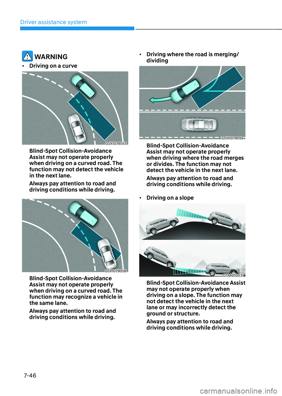 HYUNDAI KONA EV 2023 Owners Manual Driver assistance system
7-46
warning
• Driving on a curve
OJX1079057
Blind-spot Collision-avoidance
Assist may not operate properly
when driving on a curved road. The
function may not detect HYUNDAI KONA EV 2023 Owners Manual Driver assistance system
7-46
warning
• Driving on a curve
OJX1079057
Blind-spot Collision-avoidance
Assist may not operate properly
when driving on a curved road. The
function may not detect
