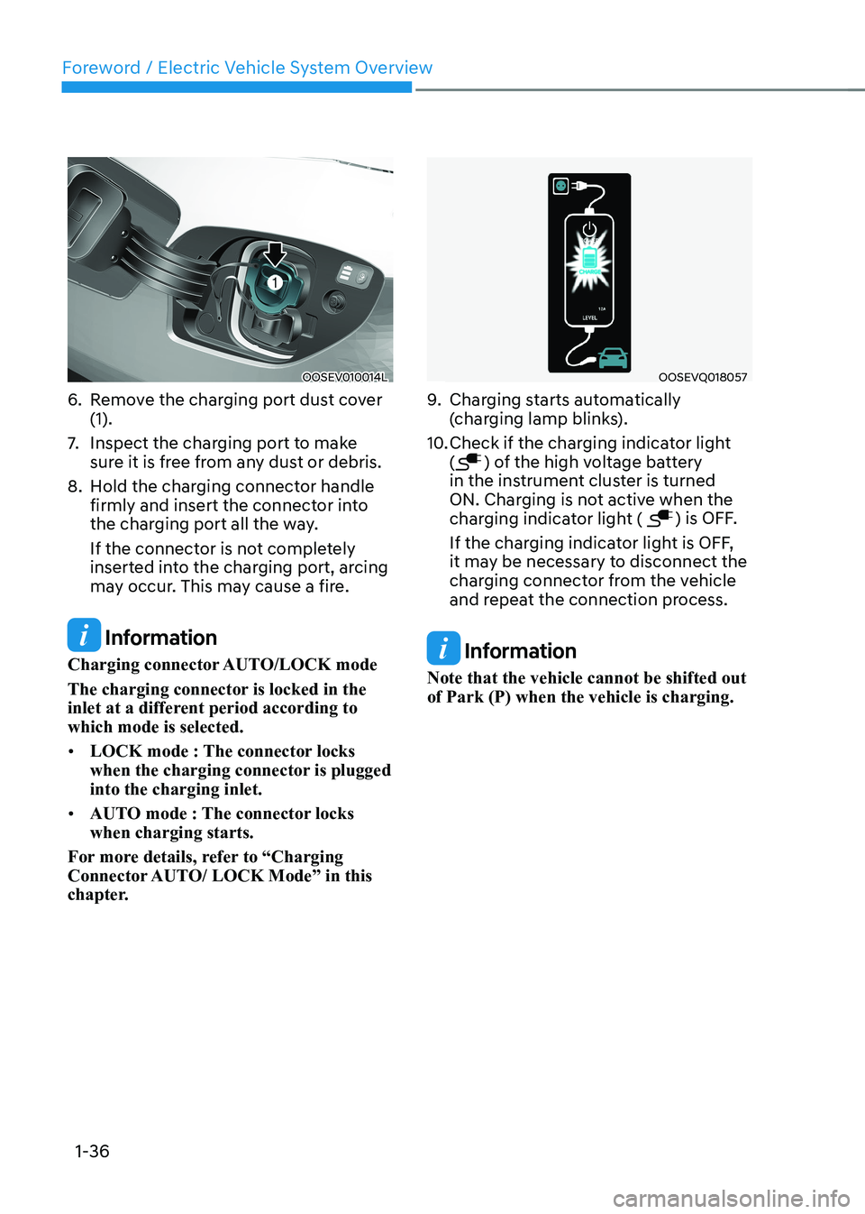 HYUNDAI KONA EV 2023 Service Manual Foreword / Electric Vehicle System Overview
1-36
OOSEV010014L
6.  Remove the charging port dust cover  (1).
7.   Inspect the charging port to make  
sure it is free from any dust or debris.
8.  Hold t