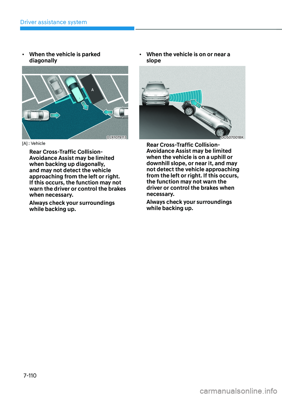 HYUNDAI KONA EV 2023  Owners Manual Driver assistance system
7-110
•	
When the vehicle is parked  diagonally
OJX1079113
[A] : Vehicle
Rear Cross-Traffic Collision- 
Avoidance Assist may be limited 
when backing up diagonally, 
and may