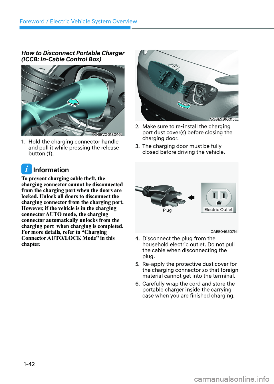 HYUNDAI KONA EV 2023 Service Manual Foreword / Electric Vehicle System Overview
1-42
How to Disconnect Portable Charger  
(ICCB: In-Cable Control Box)
OOSEVQ018046L
1.  Hold the charging connector handle  and pull it while pressing the 