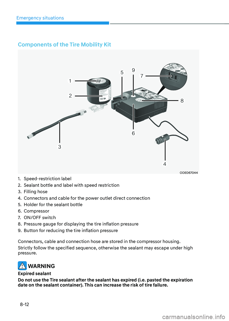 HYUNDAI KONA EV 2023 Owners Manual Emergency situations
8-12
Components of the Tire Mobility Kit
ODE067044
1. Speed-restriction label
2. Sealant bottle and label with speed restriction
3. Filling hose
4. Connectors and cable for HYUNDAI KONA EV 2023 Owners Manual Emergency situations
8-12
Components of the Tire Mobility Kit
ODE067044
1. Speed-restriction label
2. Sealant bottle and label with speed restriction
3. Filling hose
4. Connectors and cable for