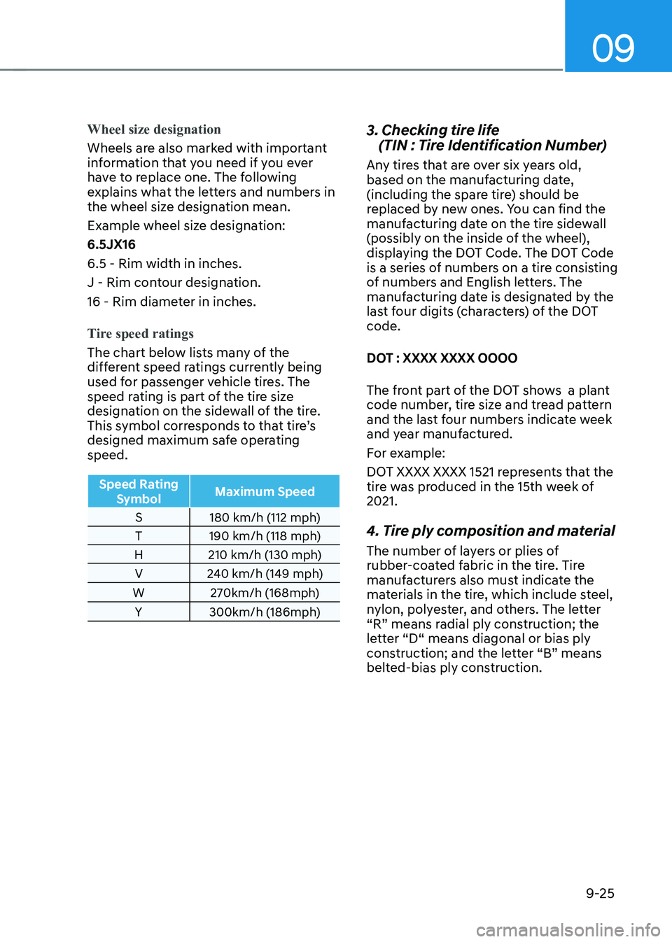 HYUNDAI KONA EV 2023 Owners Manual 09
9-25
Wheel size designation
Wheels are also marked with important
information that you need if you ever
have to replace one. The following
explains what the letters and numbers in
the wheel s HYUNDAI KONA EV 2023 Owners Manual 09
9-25
Wheel size designation
Wheels are also marked with important
information that you need if you ever
have to replace one. The following
explains what the letters and numbers in
the wheel s