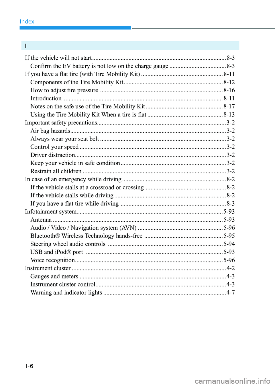 HYUNDAI KONA EV 2023  Owners Manual Index
I-6
I If the vehicle will not start ..................................................................................... 8-3
  Confirm the EV battery is not low on the charge gauge  ...........