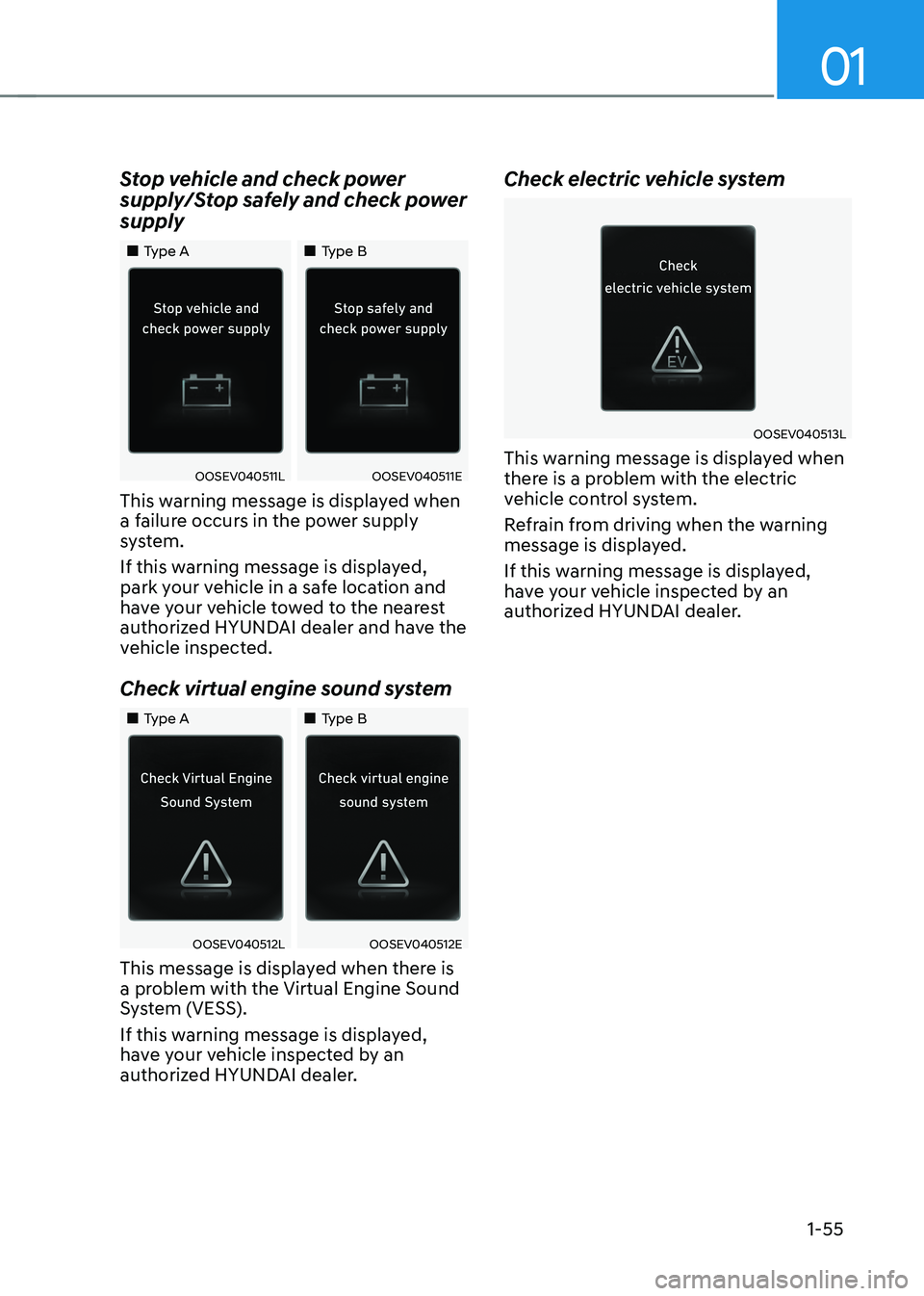 HYUNDAI KONA EV 2023 Workshop Manual 01
1-55
Stop vehicle and check power
supply/Stop safely and check power supply
Type A
Type B
OOSEV040511LOOSEV040511E
This warning message is displayed when
a failure occur HYUNDAI KONA EV 2023 Workshop Manual 01
1-55
Stop vehicle and check power
supply/Stop safely and check power supply
Type A
Type B
OOSEV040511LOOSEV040511E
This warning message is displayed when
a failure occur