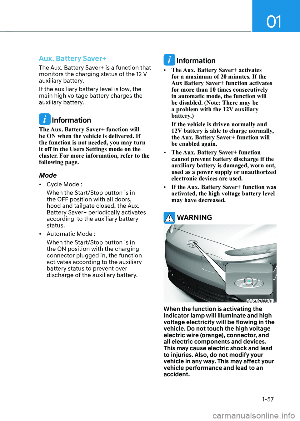 HYUNDAI KONA EV 2023 Repair Manual 01
1-57
Aux. Battery Saver+
The Aux. Battery Saver+ is a function that  
monitors the charging status of the 12 V 
auxiliary battery. 
If the auxiliary battery level is low, the  
main high voltage ba