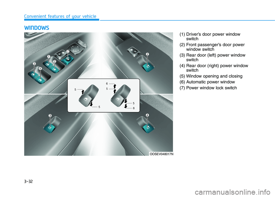 HYUNDAI KONA EV 2021 Owners Manual 3-32
W WI
IN
ND
DO
OW
WS
S
Convenient features of your vehicle
OOSEV048017N
(1) Driver’s door power window
switch
(2) Front passenger’s door power
window switch
(3) Rear door (left) power window
s HYUNDAI KONA EV 2021 Owners Manual 3-32
W WI
IN
ND
DO
OW
WS
S
Convenient features of your vehicle
OOSEV048017N
(1) Driver’s door power window
switch
(2) Front passenger’s door power
window switch
(3) Rear door (left) power window
s