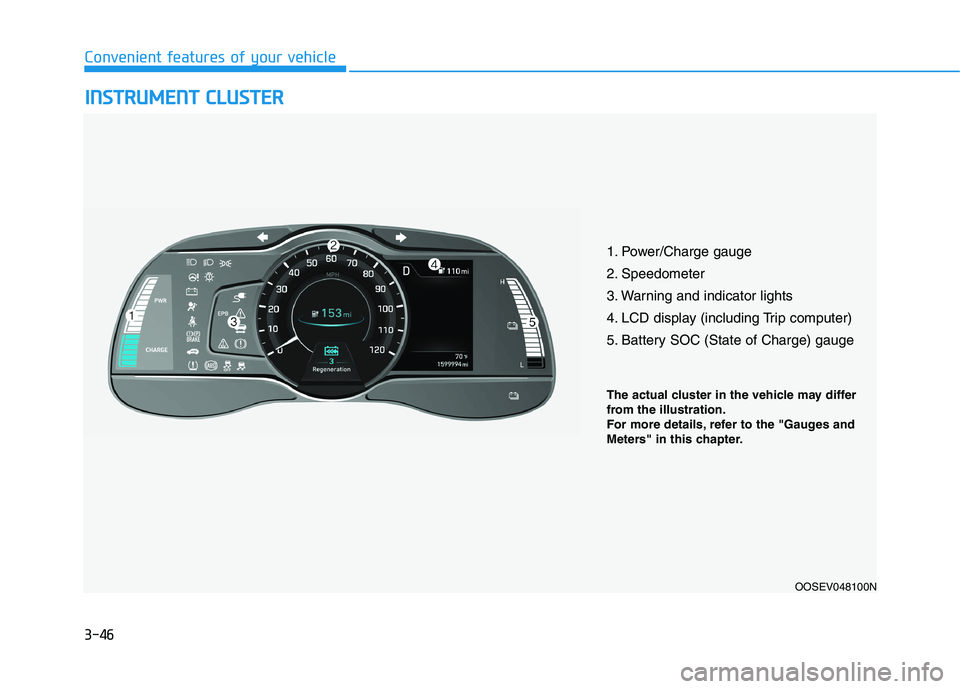 HYUNDAI KONA EV 2021  Owners Manual 3-46
Convenient features of your vehicle
I IN
NS
ST
TR
RU
UM
ME
EN
NT
T 
 C
CL
LU
US
ST
TE
ER
R
1. Power/Charge gauge
2. Speedometer
3. Warning and indicator lights
4. LCD display (including Trip comp