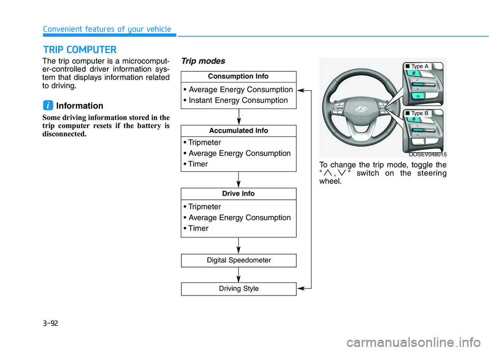 HYUNDAI KONA EV 2021 Owners Manual 3-92
Convenient features of your vehicle
The trip computer is a microcomput-
er-controlled driver information sys-
tem that displays information related
to driving.
Information
Some driving informati HYUNDAI KONA EV 2021 Owners Manual 3-92
Convenient features of your vehicle
The trip computer is a microcomput-
er-controlled driver information sys-
tem that displays information related
to driving.
Information
Some driving informati