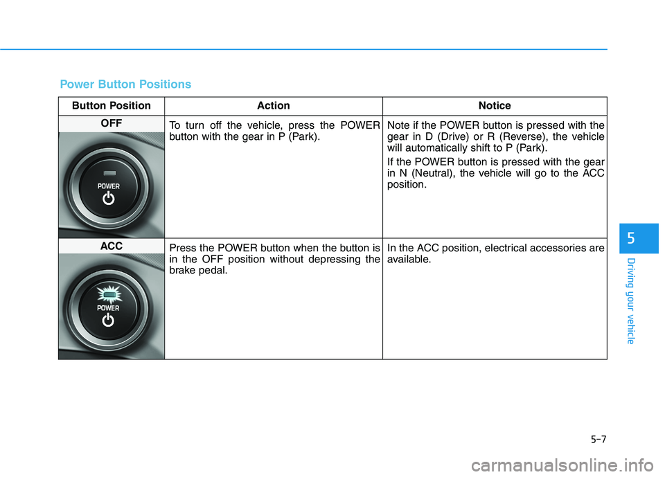 HYUNDAI KONA EV 2021 Owners Manual 5-7
Driving your vehicle
5
Power Button Positions
Button Position Action Notice
OFF
To turn off the vehicle, press the POWER
button with the gear in P (Park).Note if the POWER button is pressed with t HYUNDAI KONA EV 2021 Owners Manual 5-7
Driving your vehicle
5
Power Button Positions
Button Position Action Notice
OFF
To turn off the vehicle, press the POWER
button with the gear in P (Park).Note if the POWER button is pressed with t