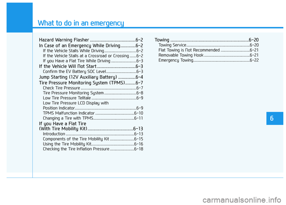 HYUNDAI KONA EV 2021  Owners Manual What to do in an emergency
6
Hazard Warning Flasher .......................................6-2
In Case of an Emergency While Driving.............6-2
If the Vehicle Stalls While Driving ...............