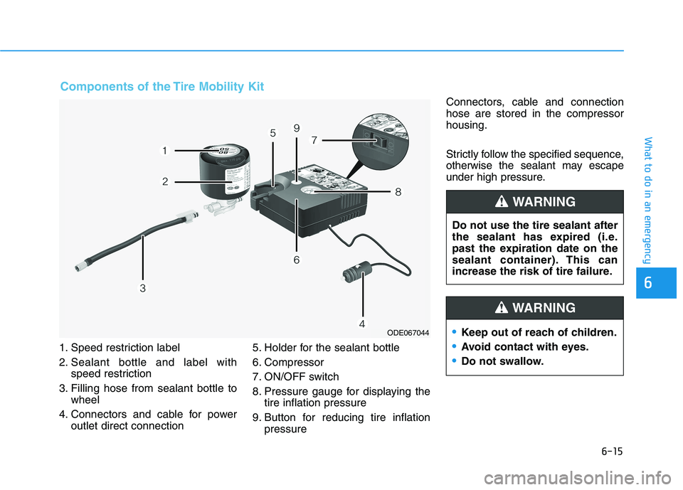 HYUNDAI KONA EV 2021 Owners Manual 6-15
What to do in an emergency
6
1. Speed restriction label
2. Sealant bottle and label with
speed restriction
3. Filling hose from sealant bottle to
wheel
4. Connectors and cable for power
outlet di HYUNDAI KONA EV 2021 Owners Manual 6-15
What to do in an emergency
6
1. Speed restriction label
2. Sealant bottle and label with
speed restriction
3. Filling hose from sealant bottle to
wheel
4. Connectors and cable for power
outlet di