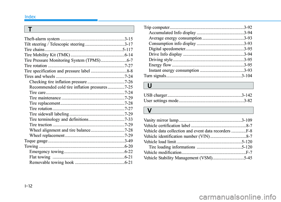 HYUNDAI KONA EV 2021  Owners Manual I-12
Theft-alarm system .........................................................3-15
Tilt steering / Telescopic steering ...................................3-17
Tire chains ..........................