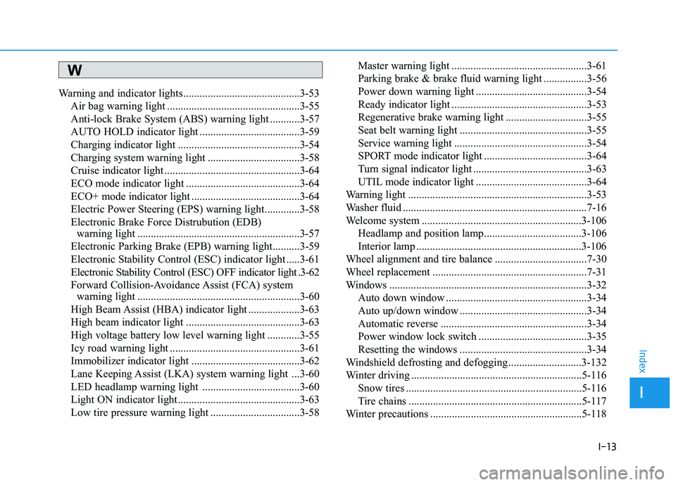 HYUNDAI KONA EV 2021  Owners Manual I-13
Warning and indicator lights...........................................3-53
Air bag warning light .................................................3-55
Anti-lock Brake System (ABS) warning light 