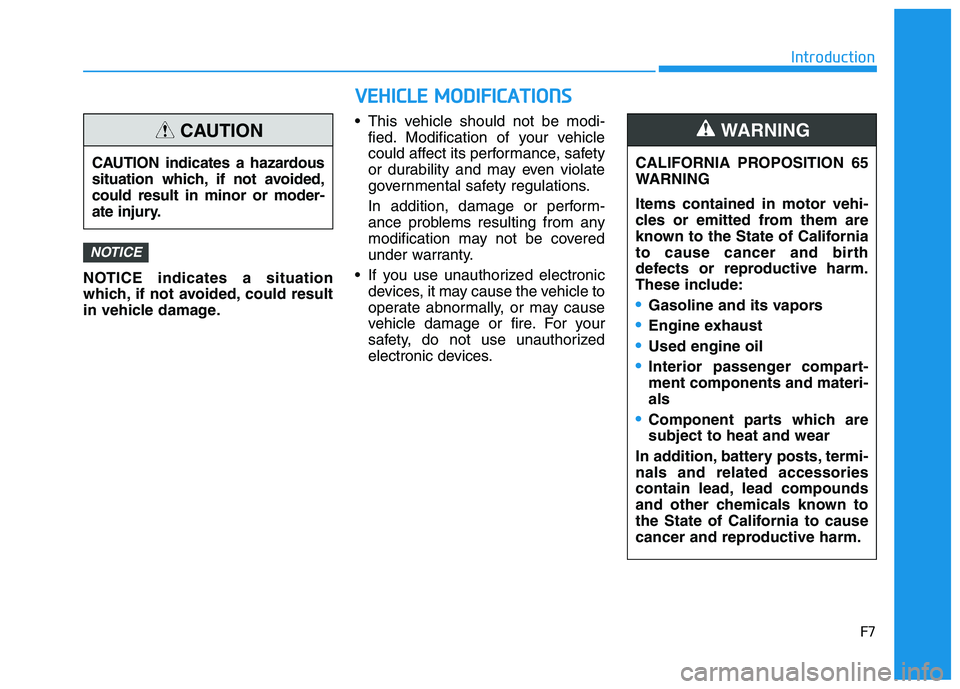 HYUNDAI KONA EV 2021 Owners Manual F7
Introduction
NOTICE indicates a situation
which, if not avoided, could result
in vehicle damage. This vehicle should not be modi-
fied. Modification of your vehicle
could affect its performance, sa HYUNDAI KONA EV 2021 Owners Manual F7
Introduction
NOTICE indicates a situation
which, if not avoided, could result
in vehicle damage. This vehicle should not be modi-
fied. Modification of your vehicle
could affect its performance, sa