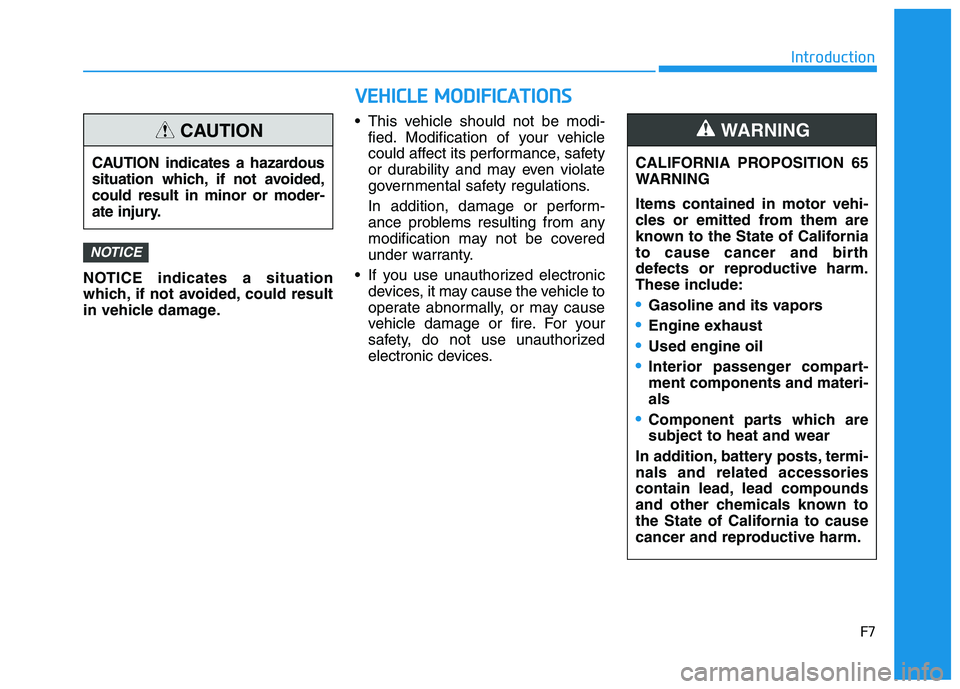 HYUNDAI KONA EV 2021  Owners Manual F7
Introduction
NOTICE indicates a situation
which, if not avoided, could result
in vehicle damage. This vehicle should not be modi-
fied. Modification of your vehicle
could affect its performance, sa