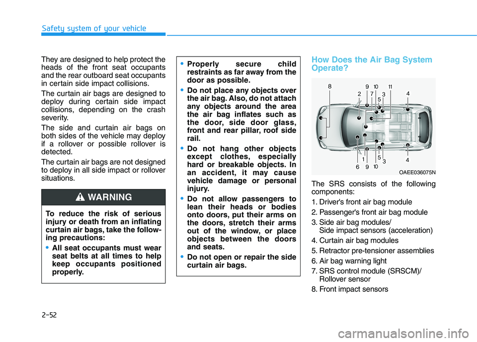 HYUNDAI KONA EV 2021 Repair Manual 2-52
Safety system of your vehicle
They are designed to help protect the
heads of the front seat occupants
and the rear outboard seat occupants
in certain side impact collisions.
The curtain air bags 