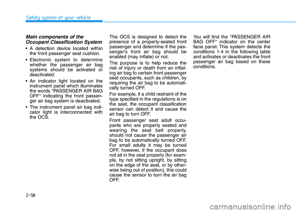 HYUNDAI KONA EV 2021 Manual PDF 2-58
Safety system of your vehicle
Main components of the
Occupant Classification System   
 A detection device located within
the front passenger seat cushion.
 Electronic system to determine
whether