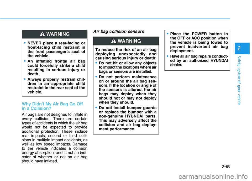 HYUNDAI KONA EV 2021 Manual PDF 2-63
Safety system of your vehicle
2
Why Didnt My Air Bag Go Off
in a Collision? 
Air bags are not designed to inflate in
every collision.There are certain
types of accidents in which the air bag
wou