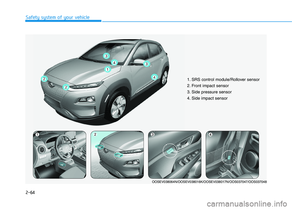 HYUNDAI KONA EV 2021 Manual PDF 2-64
Safety system of your vehicle
1. SRS control module/Rollover sensor 
2. Front impact sensor
3. Side pressure sensor  
4. Side impact sensor 
OOSEV038064N/OOSEV038016K/OOSEV038017N/OOS037047/OOS03