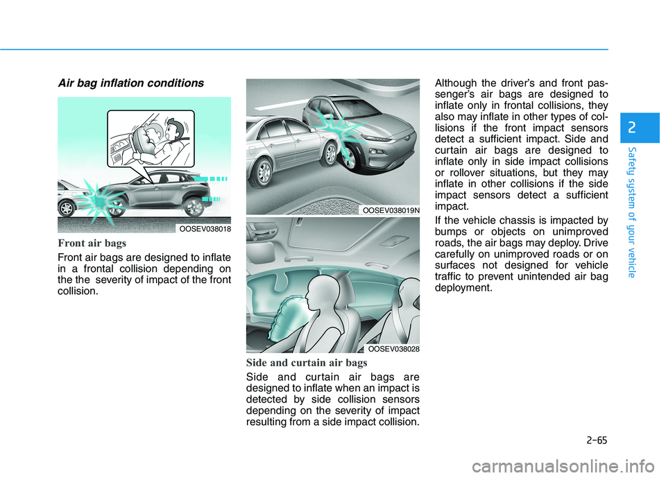 HYUNDAI KONA EV 2021 Manual PDF 2-65
Safety system of your vehicle
2
Air bag inflation conditions 
Front air bags 
Front air bags are designed to inflate
in a frontal collision depending on
the the  severity of impact of the front
c