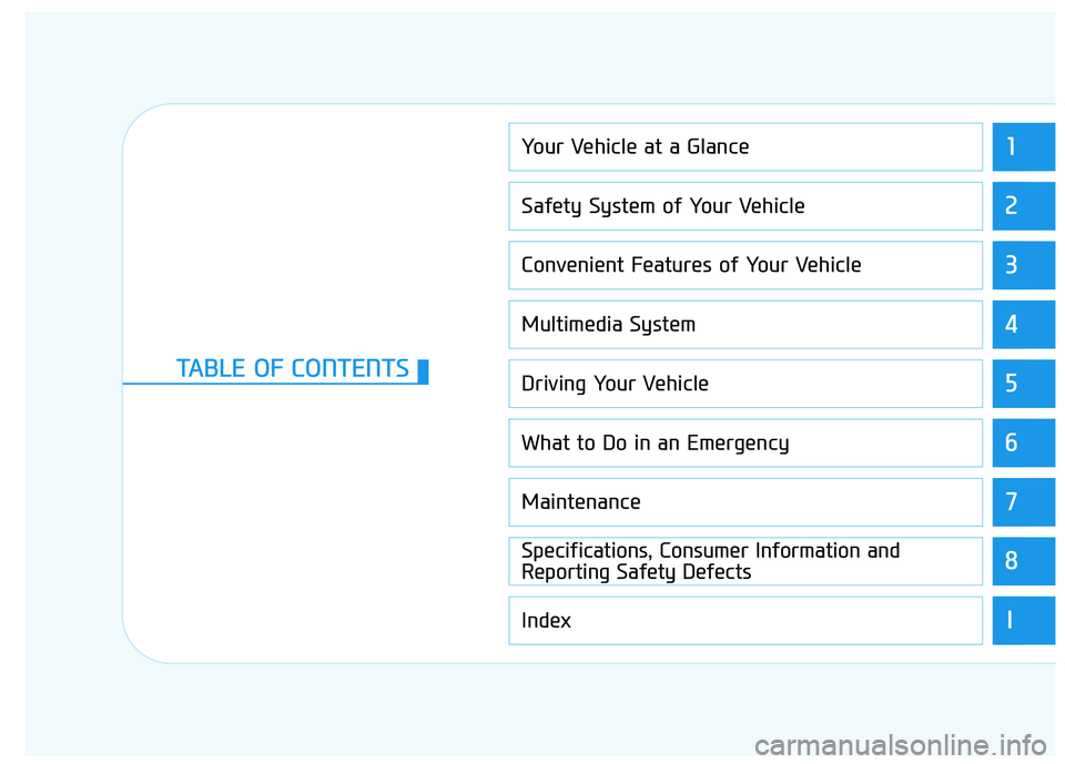 HYUNDAI KONA EV 2021  Owners Manual 1
2
3
4
5
6
7
8
I
Your Vehicle at a Glance
Safety System of Your Vehicle
Convenient Features of Your Vehicle
Multimedia System
Driving Your Vehicle
What to Do in an Emergency
Maintenance
Specification