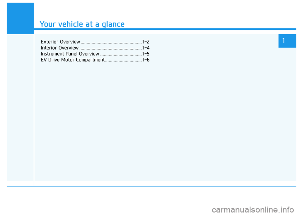 HYUNDAI KONA EV 2021  Owners Manual Your vehicle at a glance
1
Your vehicle at a glance
Exterior Overview ..................................................1-2
Interior Overview ...................................................1-4
Ins