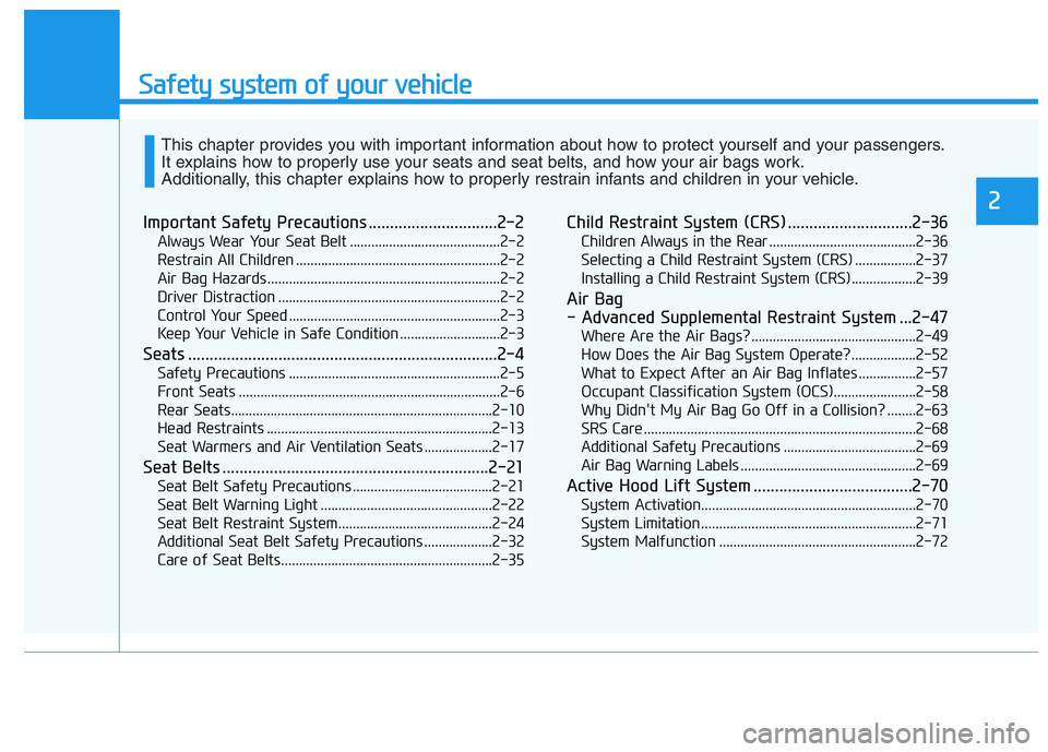 HYUNDAI NEXO 2023 User Guide Safety system of your vehicle
Important Safety Precautions ..............................2-2Always Wear Your Seat Belt ..........................................2-2
Restrain All Children ............ HYUNDAI NEXO 2023 User Guide Safety system of your vehicle
Important Safety Precautions ..............................2-2Always Wear Your Seat Belt ..........................................2-2
Restrain All Children ............