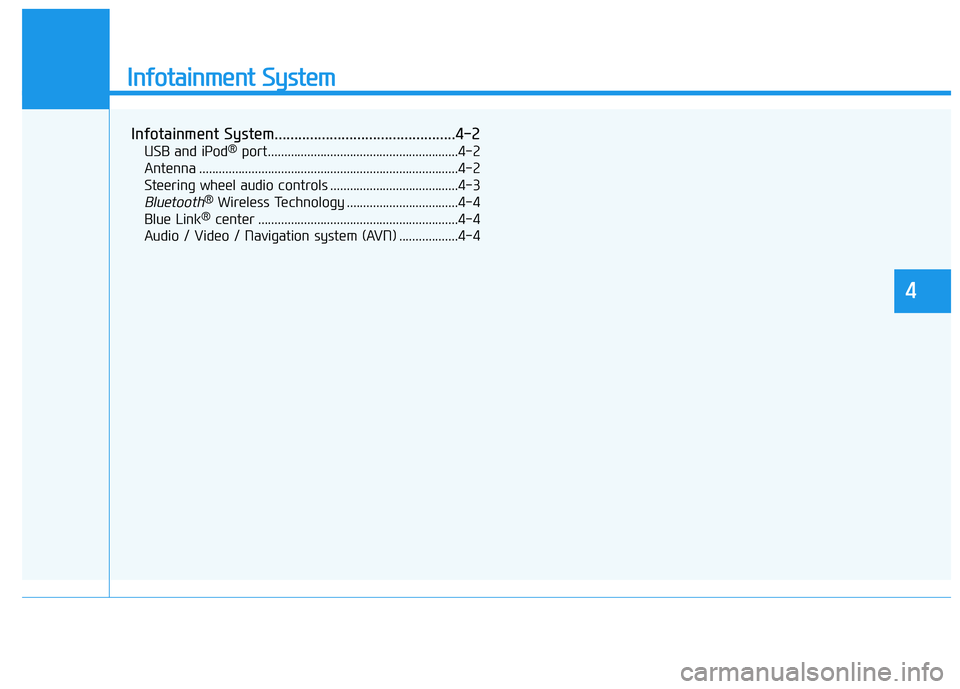 HYUNDAI NEXO 2023  Owners Manual Infotainment System
Infotainment System..............................................4-2USB and iPod ®
port..........................................................4-2
Antenna ......................