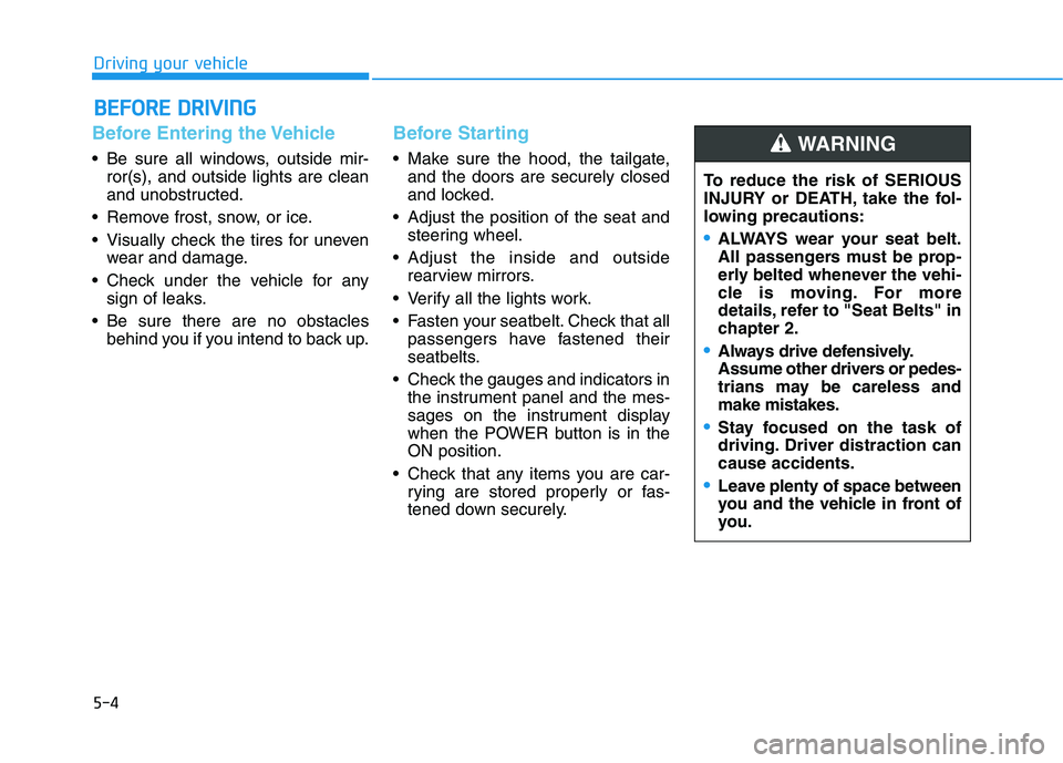 HYUNDAI NEXO 2023  Owners Manual 5-4
Driving your vehicle
Before Entering the Vehicle
• Be sure all windows, outside mir-ror(s), and outside lights are clean 
and unobstructed.
 Remove frost, snow, or ice. 
 Visually check the tire
