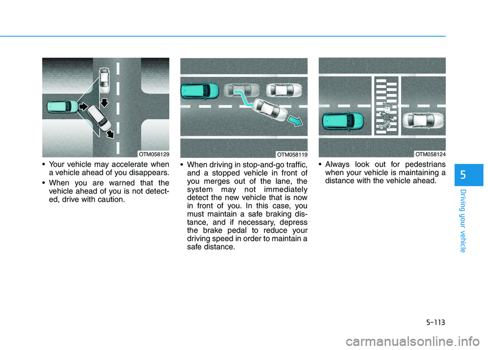 HYUNDAI NEXO 2023  Owners Manual 5-113
Driving your vehicle
5
 Your vehicle may accelerate whena vehicle ahead of you disappears.
 When you are warned that the vehicle ahead of you is not detect- 
ed, drive with caution.  When drivin