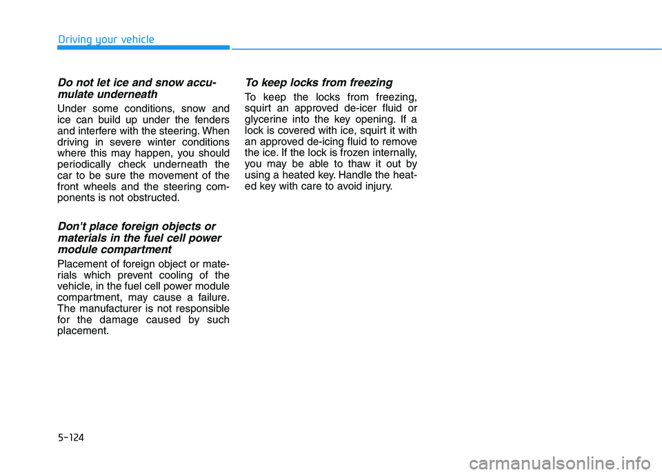 HYUNDAI NEXO 2023 Owners Manual 5-124
Driving your vehicle
Do not let ice and snow accu-mulate underneath
Under some conditions, snow and
ice can build up under the fenders
and interfere with the steering. When
driving in severe wi HYUNDAI NEXO 2023 Owners Manual 5-124
Driving your vehicle
Do not let ice and snow accu-mulate underneath
Under some conditions, snow and
ice can build up under the fenders
and interfere with the steering. When
driving in severe wi