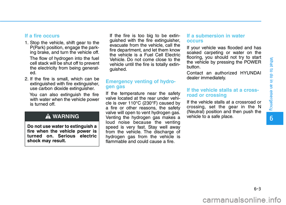 HYUNDAI NEXO 2023 Owners Manual 6-3
What to do in an emergency
If a fire occurs
1. Stop the vehicle, shift gear to theP(Park) position, engage the park-
ing brake, and turn the vehicle off.
The flow of hydrogen into the fuel cell s HYUNDAI NEXO 2023 Owners Manual 6-3
What to do in an emergency
If a fire occurs
1. Stop the vehicle, shift gear to theP(Park) position, engage the park-
ing brake, and turn the vehicle off.
The flow of hydrogen into the fuel cell s