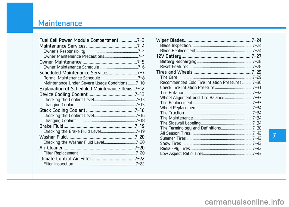 HYUNDAI NEXO 2023  Owners Manual 7
Maintenance
7
Maintenance
Fuel Cell Power Module Compartment ...............7-3 
Maintenance Services ...........................................7-4Owners Responsibility ...........................