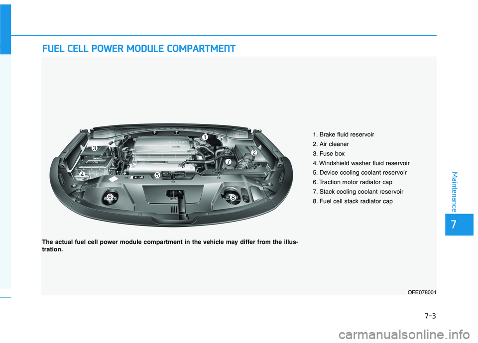 HYUNDAI NEXO 2023  Owners Manual 7-3
7
Maintenance
FFUU EELL  CC EE LLLL  PP OO WW EERR   MM OODDUU LLEE   CC OO MM PPAA RRTTMM EENN TT
1. Brake fluid reservoir 
2. Air cleaner 
3. Fuse box 
4. Windshield washer fluid reservoir 
5. D