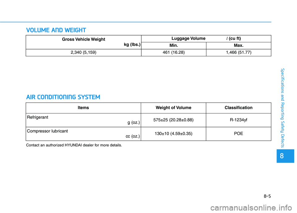 HYUNDAI NEXO 2023 Owners Manual 8-5
88
Specifications and Reporting Safety Defects
VVOO LLUU MM EE AA NN DD WW EEIIGG HH TT
A
A IIRR CC OO NNDDIITT IIOO NNIINN GG SS YY SSTT EEMM
Contact an authorized HYUNDAI dealer for more de HYUNDAI NEXO 2023 Owners Manual 8-5
88
Specifications and Reporting Safety Defects
VVOO LLUU MM EE AA NN DD WW EEIIGG HH TT
A
A IIRR CC OO NNDDIITT IIOO NNIINN GG SS YY SSTT EEMM
Contact an authorized HYUNDAI dealer for more de