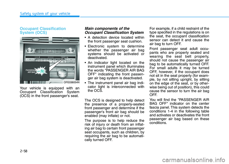HYUNDAI NEXO 2023 Manual PDF 2-58
Safety system of your vehicle
Occupant Classification System (OCS)
Your vehicle is equipped with an Occupant Classification System(OCS) in the front passengers seat.
Main components of theOccupa HYUNDAI NEXO 2023 Manual PDF 2-58
Safety system of your vehicle
Occupant Classification System (OCS)
Your vehicle is equipped with an Occupant Classification System(OCS) in the front passengers seat.
Main components of theOccupa
