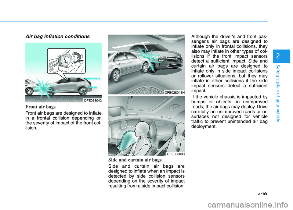 HYUNDAI NEXO 2023 Manual PDF 2-65
Safety system of your vehicle
2
Air bag inflation conditions
Front air bags
Front air bags are designed to inflate in a frontal collision depending on
the severity of impact of the front col-li HYUNDAI NEXO 2023 Manual PDF 2-65
Safety system of your vehicle
2
Air bag inflation conditions
Front air bags
Front air bags are designed to inflate in a frontal collision depending on
the severity of impact of the front col-li