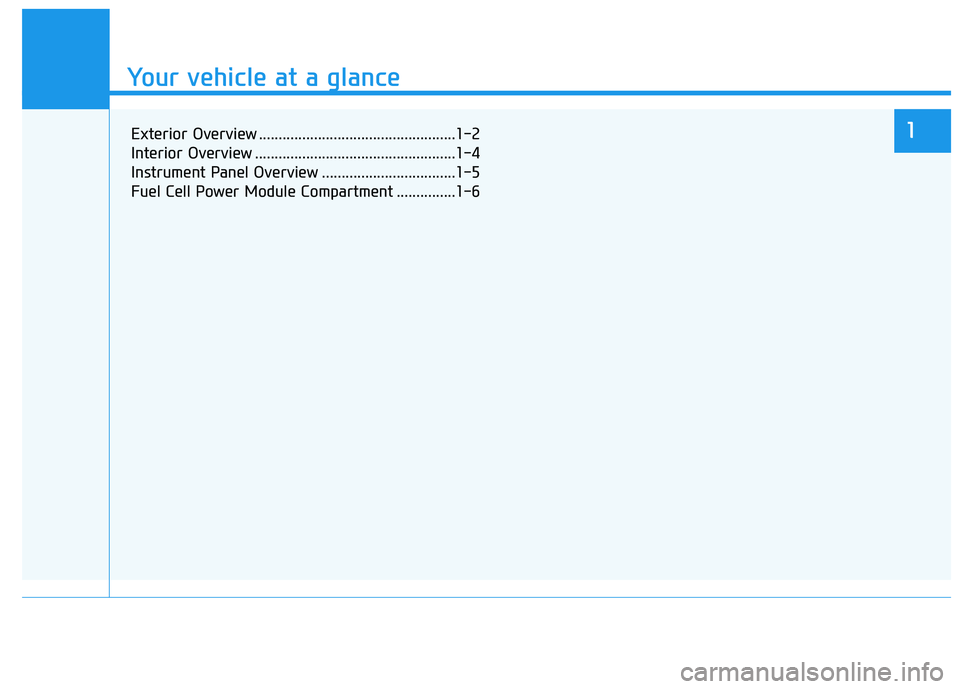 HYUNDAI NEXO 2023 Owners Manual Your vehicle at a glance
1
Your vehicle at a glance
Exterior Overview ..................................................1-2
Interior Overview ...................................................1-4
In HYUNDAI NEXO 2023 Owners Manual Your vehicle at a glance
1
Your vehicle at a glance
Exterior Overview ..................................................1-2
Interior Overview ...................................................1-4
In