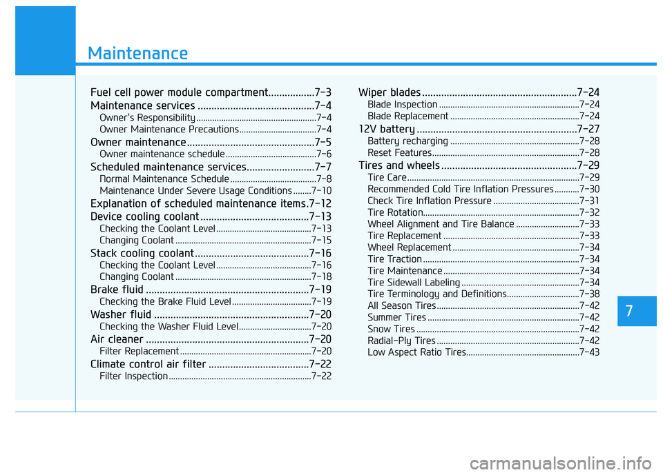 HYUNDAI NEXO 2022  Owners Manual 7
Maintenance
7
Maintenance
Fuel cell power module compartment.................7-3
Maintenance services ...........................................7-4
Owner's Responsibility ......................