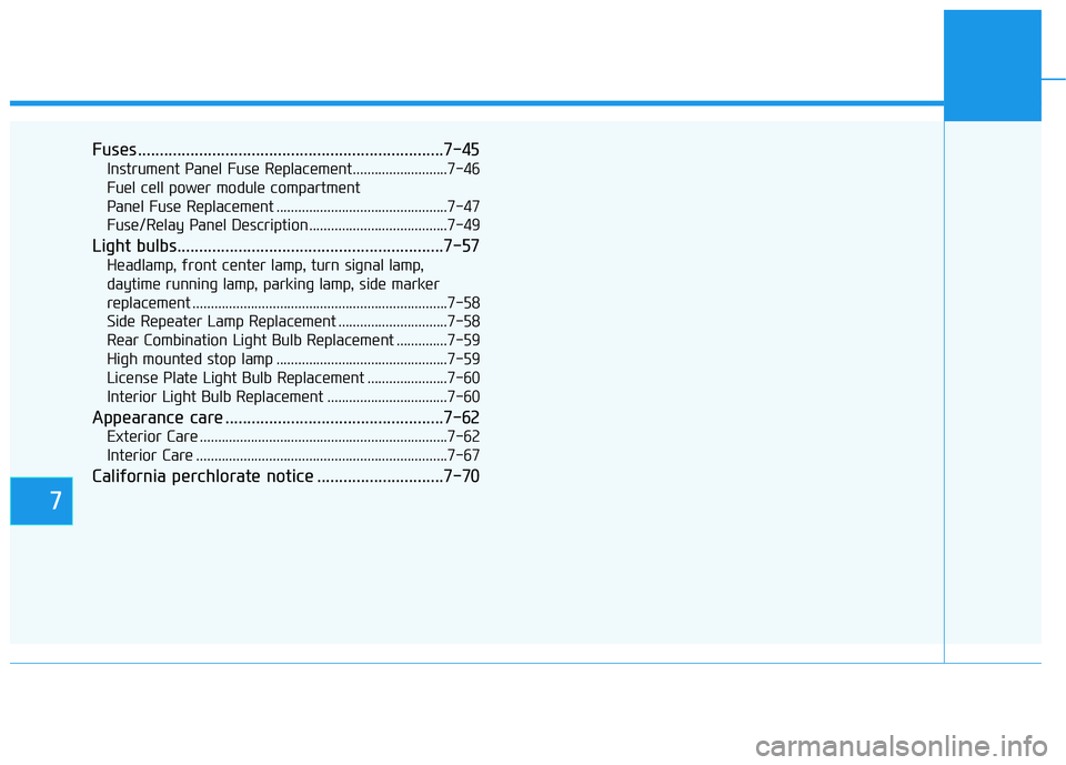 HYUNDAI NEXO 2022  Owners Manual 7
Fuses ......................................................................7-\
45
Instrument Panel Fuse Replacement..........................7-46
Fuel cell power module compartment 
Panel Fuse Repl